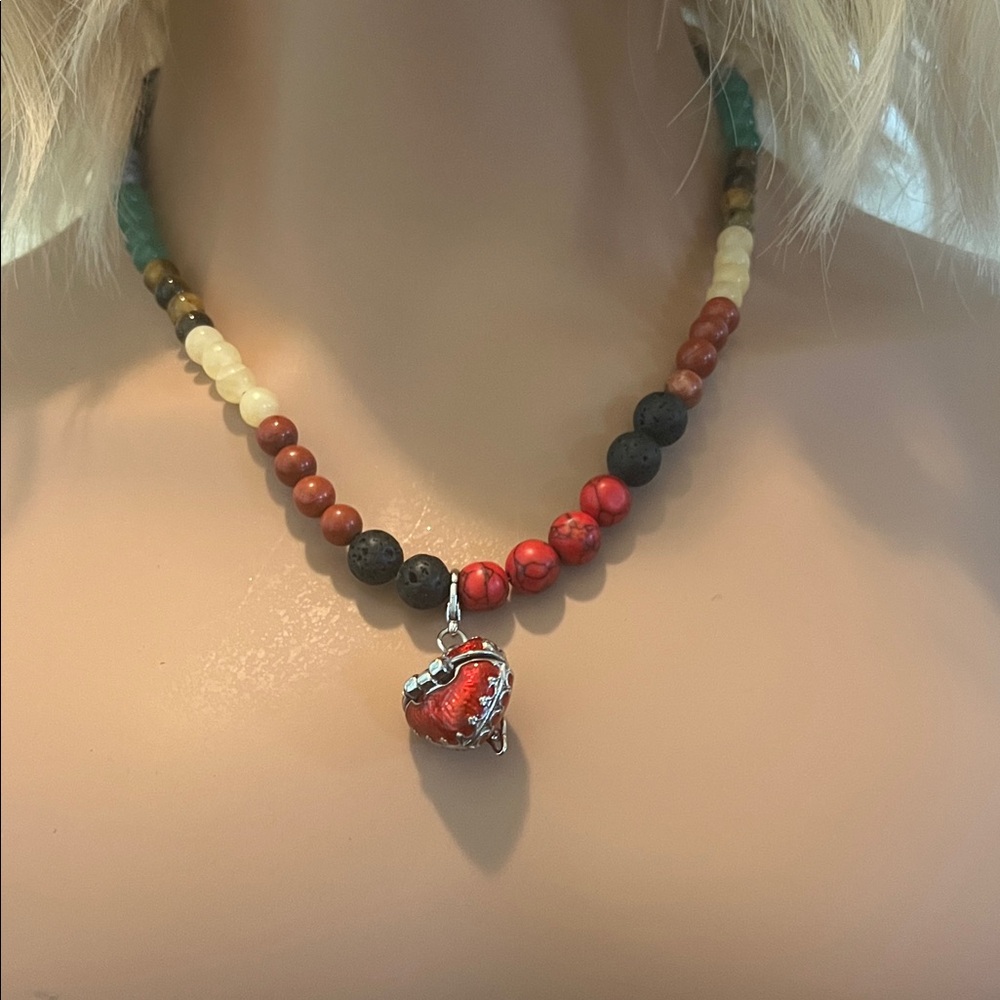 # 0476 Heart Pendant Handmade Beaded Necklace/Red & Black & Extra Unicorn charm